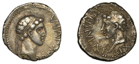 KINGS OF MAURETANIA, Juba II with Ptolemy (25 BC–24 AD), Denarius, Caesarea, diademed head of King Juba right,...