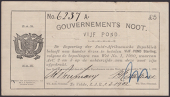Gouvernements Noots, cancelled £5, Te Velde, 1 March 1902, serial number 6237A, vertical lines watermark, lined...