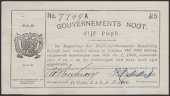 Gouvernements Noots, cancelled £5, Te Velde, 1 May 1902, serial number 7749A, without watermark, lined paper with...