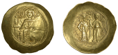 Isaac II, Hyperpyron, Constantinople, 1185-95, The Virgin enthroned, nimbated and wearing pallium and maphorium,...