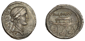Lollius Palicanus, Denarius, c. 45, diademed head of Libertas right, libertatis behind, rev. Rostra in the forum, on...
