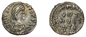 Justinian I, Half-Siliquam Carthage, 533-7, diademed, draped and cuirassed bust right, dn ivstin[–]vs pp avg, rev....