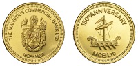 Mauritius, 150th Anniversary of the Mauritius Commercial Bank Ltd., 1988, a 24ct gold Medal, 32mm, 28.42g. Clouded,...
