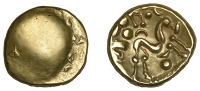 British Iron Age, GALLO-BELGIC, gold Stater, series E [Ambiani], Gallic War uniface type, shallow dome with...