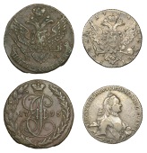 Russia, Catherine II, Rouble, 1764 СПБ ЯI, St. Petersburg (Bitkin 185; KM. C67.2A); 5 Kopecks, 1795,...