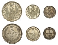 Russia, Nicholas I, 25 Kopecks, 1855 СПБ HI, St. Petersburg (Bitkin 311; KM. C166.1); 10 Kopecks, 1855 СПБ HI,...