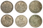 Mexico, Second Republic, Pesos (3), 1870 H, Zacatecas (KM. 408.8); 1872 M, Mexico City (KM. 408.5); 1901 FZ,...