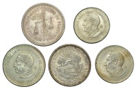 Mexico, Estados Unidos, 10 Pesos, 1957 (KM. 475); 5 Pesos (2), 1950, 1957 Constitution (KM. 466, 470); Peso, 1957,...