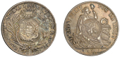 Guatemala, Republic, Peso, a PERU, Republic, Sol, 1888 TF, countermarked with Half-Réal dies of 1894 (KM. 224)....