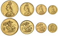Victoria (1837-1901), Currency set, 1887, comprising Five Pounds to Half-Sovereign (S 3864-6, 3869) [4]. The first...