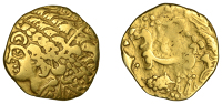 British Iron Age, GALLO-BELGIC, gold Stater, series Ab [Ambiani, VA], celticised head of Apollo left, rev. horse...