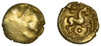 British Iron Age, TRINOVANTES, Early Uninscribed issues, gold Stater, Late Whaddon Chase [Trinovantian F] type,...