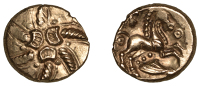 British Iron Age, TRINOVANTES, Addedomaros (45-25 BC), gold Stater, class 3, spiral of six limbs, three crescents in...