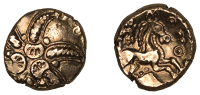 British Iron Age, TRINOVANTES, Addedomaros (45-25 BC), gold Stater, class 3, spiral of six limbs, three crescents in...