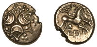 British Iron Age, ICENI, Antedios (c. AD 10-30), gold Stater, three opposed crescents, within border of torcs,...