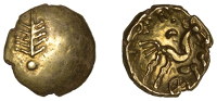 British Iron Age, DOBUNNI, Corio, gold Stater, tree symbol with five branches on pellet base, rev. triple-tailed...
