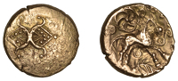 British Iron Age, TRINOVANTES, Addedomaros (45-25 BC), gold Stater, two opposed crescents in plain field, pellets...