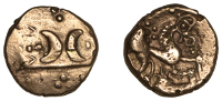 British Iron Age, ICENI, Uninscribed issues, gold Stater, early Freckenham type, two opposed crescents, pellets in...