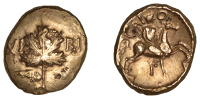 British Iron Age, ATREBATES and REGNI, Verica (AD 10-40), gold Stater, class 5c [Leaping Horse type], vine leaf...