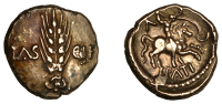 British Iron Age, CATUVELLAUNI, Epaticcus (AD 20-40), gold Stater, ear of corn dividing tasci f, rev. mounted...
