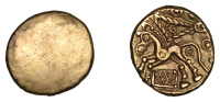 British Iron Age, CANTII, Uninscribed series, gold Quarter-Stater, Late Weald type, blank, rev. horse left, corded...