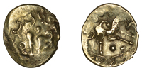 British Iron Age, TRINOVANTES, Uninscribed series, gold Quarter-Stater, Clacton de Jersey type, degraded ‘three...
