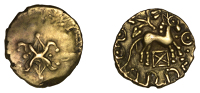British Iron Age, CATUVELLAUNI, Addedomaros (45-25 BC), gold Quarter-Stater, Shell Box type, back-to-back crescents,...