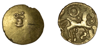 British Iron Age, DOBUNNI, Corio, gold Quarter-Stater, cor on plain field, rev. triple-tailed horse bounding right,...