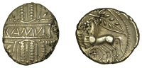 British Iron Age, CATUVELLAUNI, Cunobelin (8-41 AD), ‘white gold’ Stater, Biga type, camvl in beaded panel...