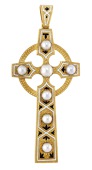 A 19th century enamel and pearl Celtic cross pendant, accented with half pearls, the cross with monochrome enamel...