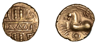 British Iron Age, CATUVELLAUNI, Cunobelin (8-41 AD), gold Quarter-Stater, Biga type, camvl within tablet set on...