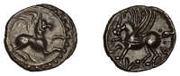British Iron Age, CATUVELLAUNI, Tasciovanus (25 BC - AD 10), silver Unit, griffin right within border of rings and...