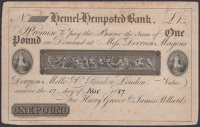 Hemel-Hempsted Bank, for Harry Grover and James Pollard, proof £1 on card, 17 November 1887, an attractive...
