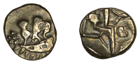 British Iron Age, DUROTRIGES, Uninscribed issues, ‘white gold’ Quarter-Stater, Geometric type, crescent with...