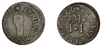17th Century Tokens, Bucklebury, John Moorecock, Farthing, 1666, 0.97g/9h (N 75; BW. 16). Off-centre, good fine; the...