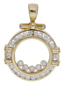 A diamond pendant, the circular pendant set with brilliant and step-cut diamonds, with a glazed compartment to the...