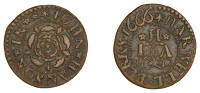 17th Century Tokens, Harwell, John Hanson, Farthing, 1666, 0.92g/3h (N 81; BW. 33). Very fine; the only issue for...