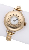 Swiss. A gold half hunting cased wriswatch, 1910.
Movement: jewelled lever escapement.
Dial: white enamel, Arabic...