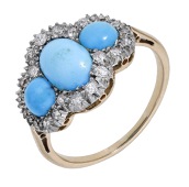 A late 19th century turquoise and diamond ring, the three turquoise cabochons within  a surround of old...