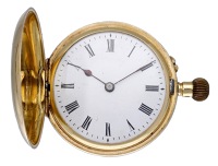 Swiss. A gold hunting cased keyless watch, circa 1900.
Movement: jewelled lever escapement.
Dial: white enamel...