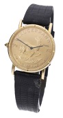 Corum. A gold Krugerrand left-handed coin watch, circa 1990.
Movement: quartz.
Dial: South Africa 1978 gold...