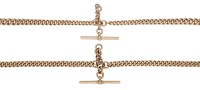 Two antique 9ct gold Albert chains, the curb-link chains with each with swivel clasps, both with T-bar fitting,...