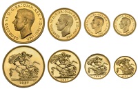 George VI (1936-1952), Proof set, 1937, comprising Five Pounds, Two Pounds, Sovereign and Half-Sovereign [4]....
