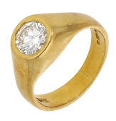 A diamond single stone ring, set with a brilliant-cut diamond in a rubover setting to a tapered hoop, mounted in...