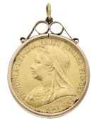 A gold coin pendant, set with a Victoria two pound gold coin, 1893, in a 9ct gold mount with UK hallmark, length...