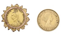 A gold coin brooch, the Victoria gold half sovereign, 1887, in a detachable brooch frame, stamped ‘9ct’,...