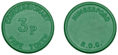 Miscellaneous Tokens and Checks, Hungerford, Hungerford R[ural] D[istrict] C[ouncil], green fibre Three Pence...