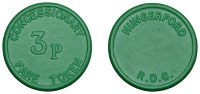 Miscellaneous Tokens and Checks, Hungerford, Hungerford R[ural] D[istrict] C[ouncil], green fibre Three Pence...