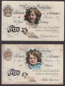 Bank of Friendship, a pair of postcards depicting altered Bank of England notes for £5, ND (c.1890s), both with...