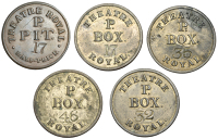Tickets and Passes, LANCASHIRE, Liverpool, Theatre Royal, bracteate tin-plate (4), p box, stamped 17, 32, 35, 46,...